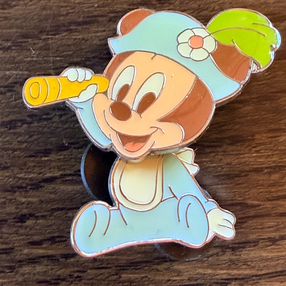 Disney Baby Mickey Mouse w Telescope Pin in Light Blue, Brown, Yellow & Green